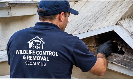 Wildlife control technician inspecting a building for animal entry points